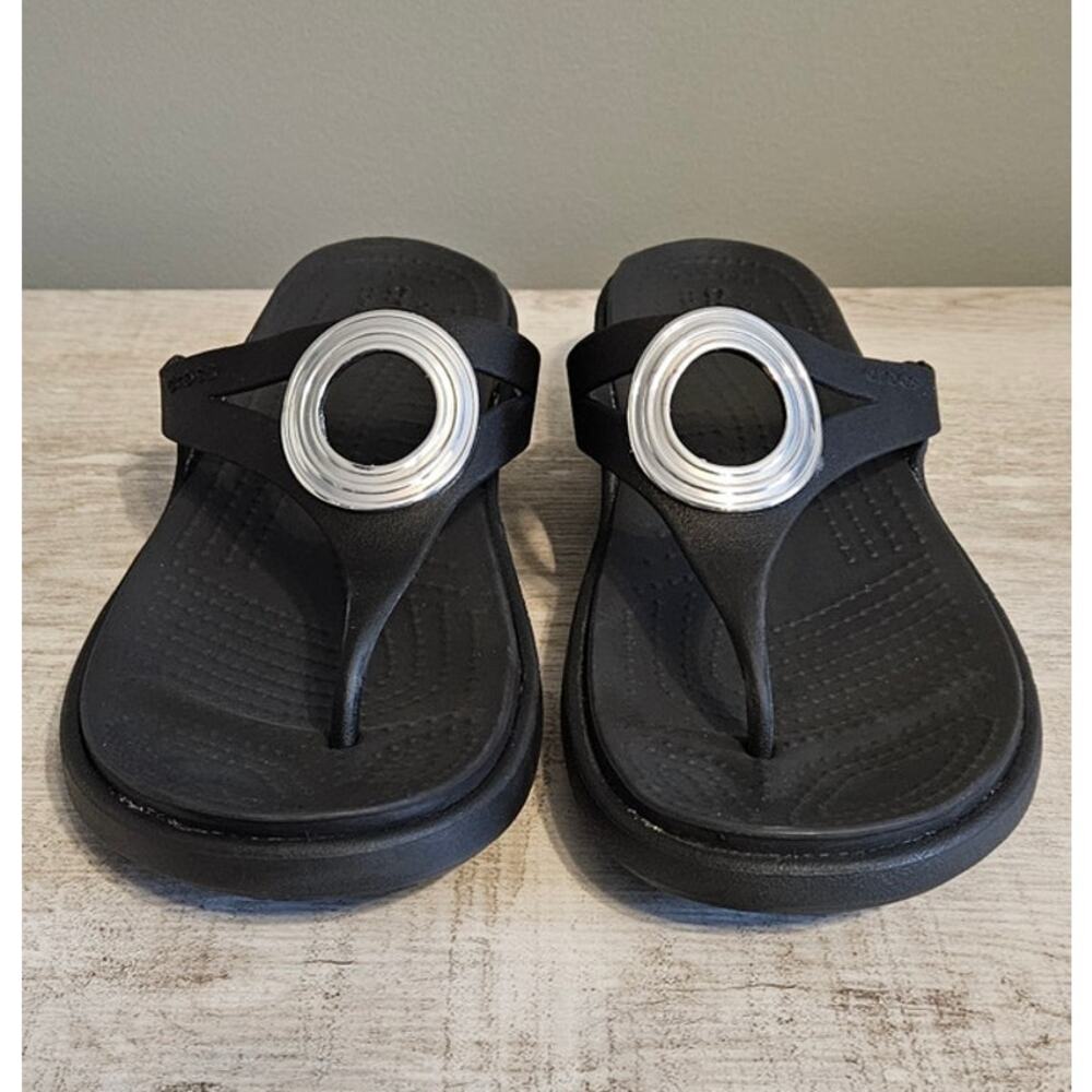 CROCS Black Thong Sandals with Silver Ring Accent